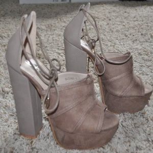 Womens Platform Heels Boohoo Suzana Brown size 6.5 Suede Caged Ankle Rope Pumps